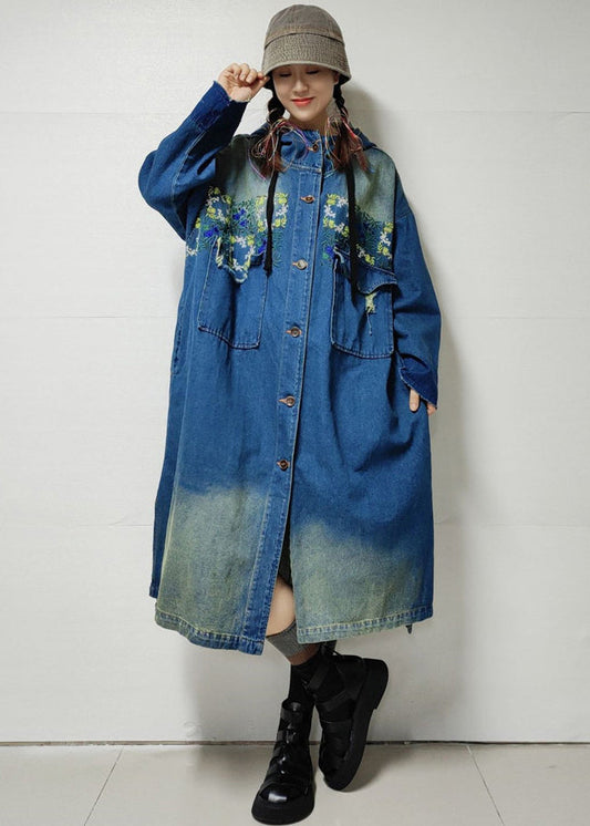 Blue Button Pockets Denim Trench Coat Embroidered Long Sleeve Mn060