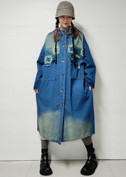 Blue Button Pockets Denim Trench Coat Embroidered Long Sleeve Mn060