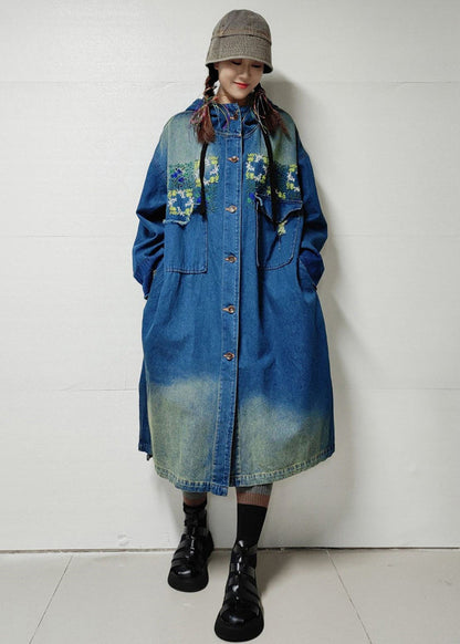 Blue Button Pockets Denim Trench Coat Embroidered Long Sleeve Mn060