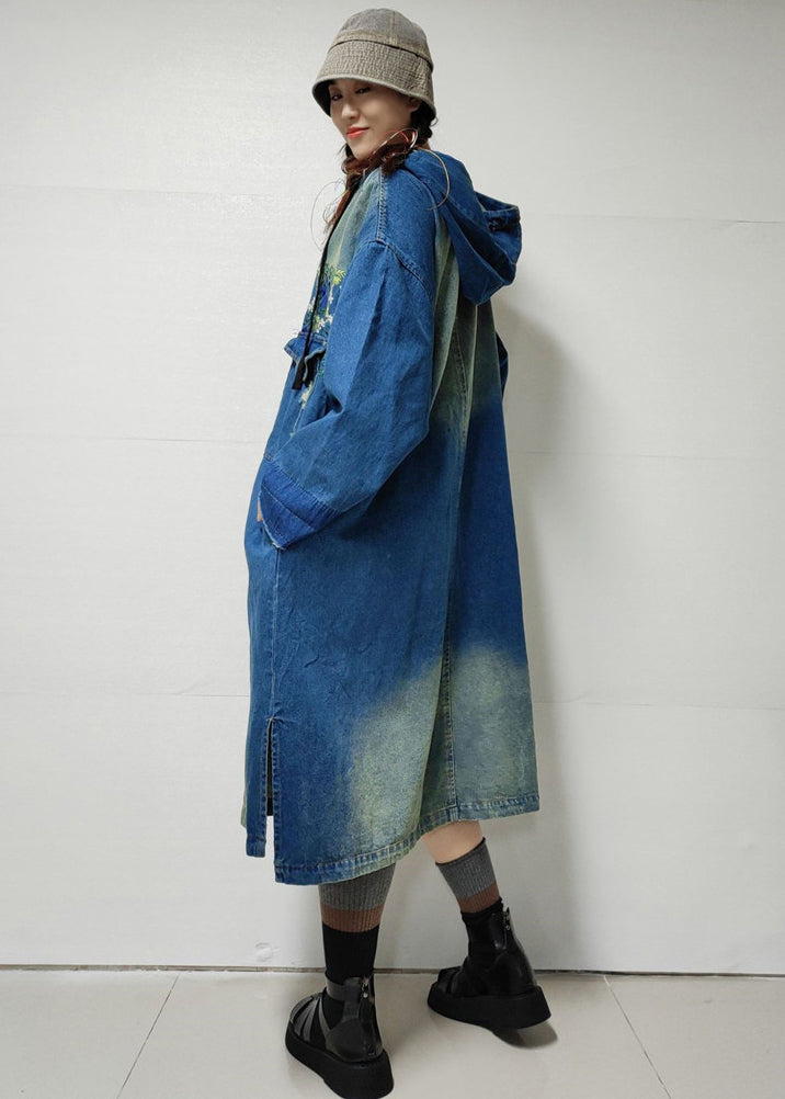 Blue Button Pockets Denim Trench Coat Embroidered Long Sleeve Mn060