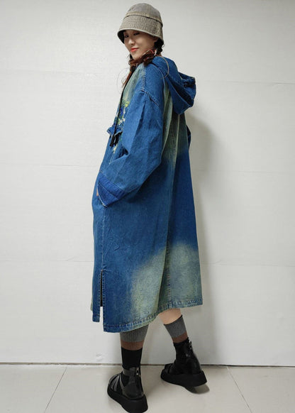 Blue Button Pockets Denim Trench Coat Embroidered Long Sleeve Mn060