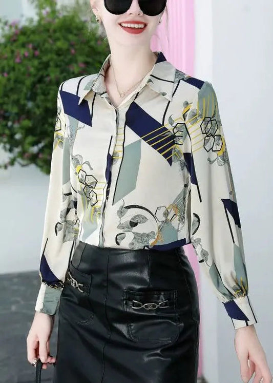 Blue Button Print Silk Blouses Peter Pan Collar Spring Cg1014