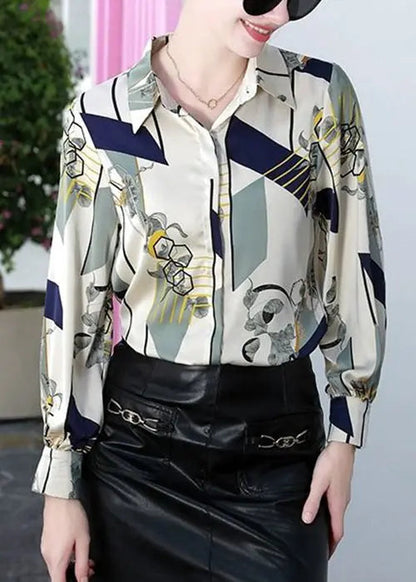 Blue Button Print Silk Blouses Peter Pan Collar Spring Cg1014