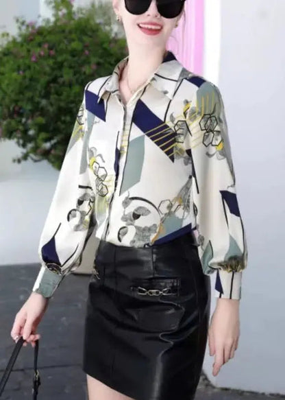 Blue Button Print Silk Blouses Peter Pan Collar Spring Cg1014