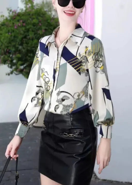 Blue Button Print Silk Blouses Peter Pan Collar Spring Cg1014