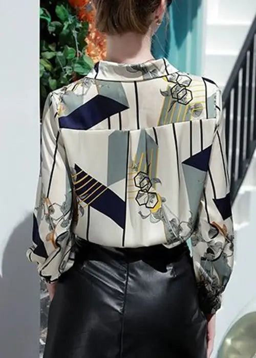 Blue Button Print Silk Blouses Peter Pan Collar Spring Cg1014
