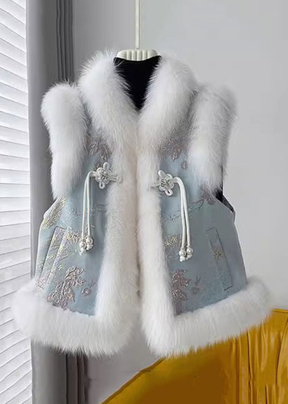 Blue Chinese Button Patchwork Cotton Filled Waistcoat Fur Collar Winter Rz032