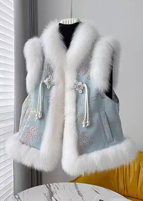 Blue Chinese Button Patchwork Cotton Filled Waistcoat Fur Collar Winter Rz032