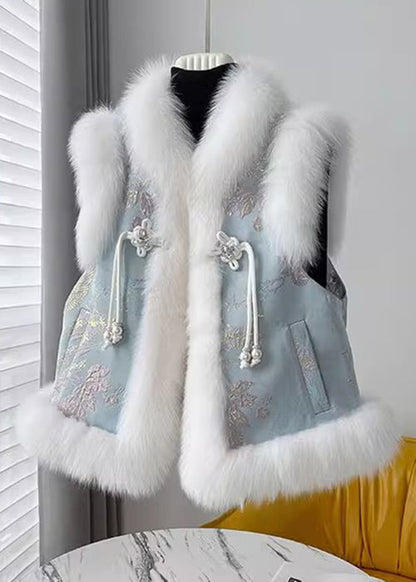 Blue Chinese Button Patchwork Cotton Filled Waistcoat Fur Collar Winter Rz032
