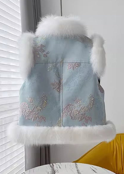 Blue Chinese Button Patchwork Cotton Filled Waistcoat Fur Collar Winter Rz032