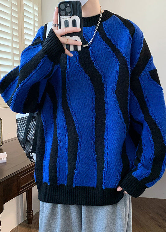 Blue Cozy Patchwork Knit Sweaters Pullover O Neck Winter Rc024