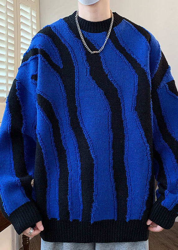 Blue Cozy Patchwork Knit Sweaters Pullover O Neck Winter Rc024