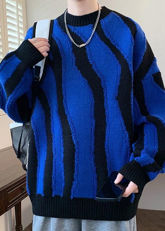 Blue Cozy Patchwork Knit Sweaters Pullover O Neck Winter Rc024