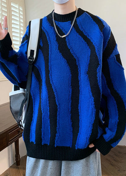 Blue Cozy Patchwork Knit Sweaters Pullover O Neck Winter Rc024
