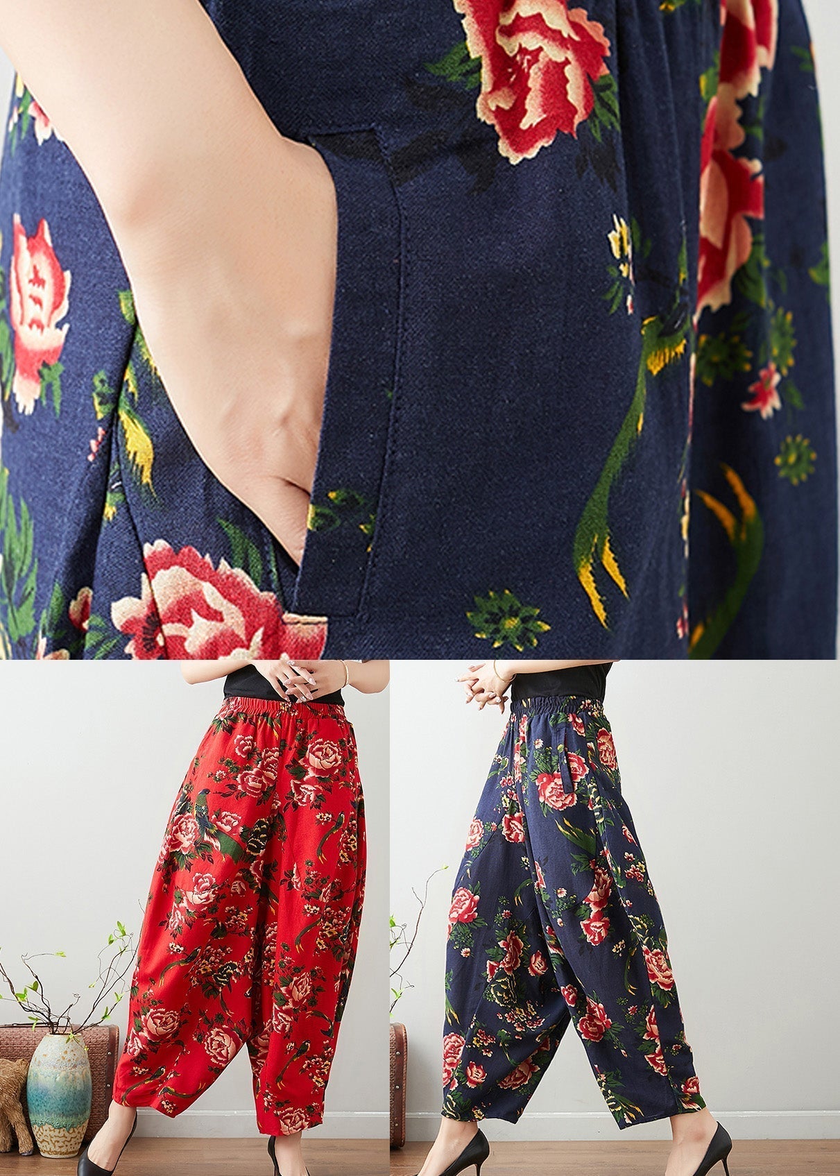Handmade Red Print Cozy Waist Wide Pants Tq1011
