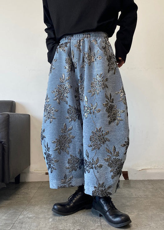Blue Embroideried Wide Leg Pants Elastic Waist Spring Rm027