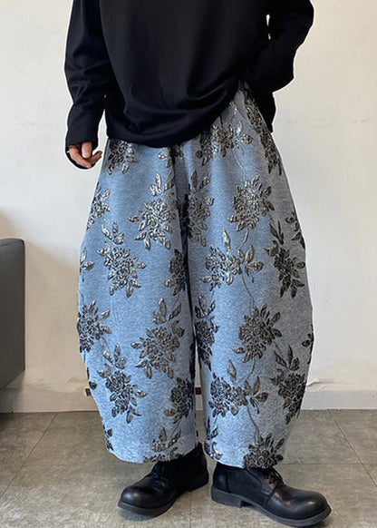 Blue Embroideried Wide Leg Pants Elastic Waist Spring Rm027