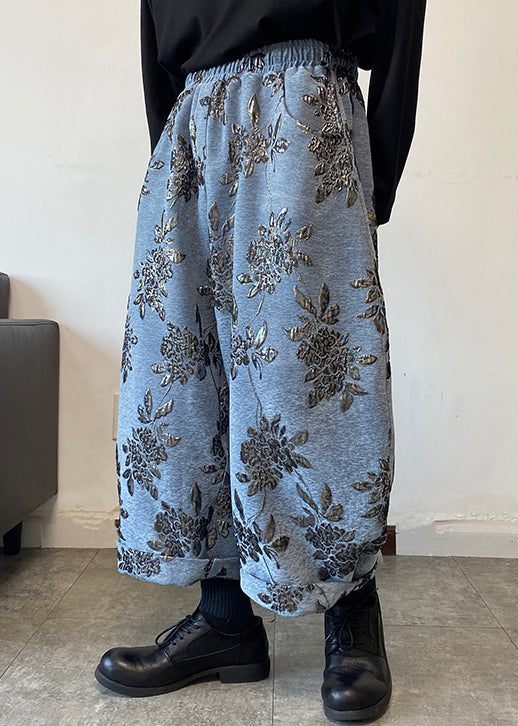 Blue Embroideried Wide Leg Pants Elastic Waist Spring Rm027