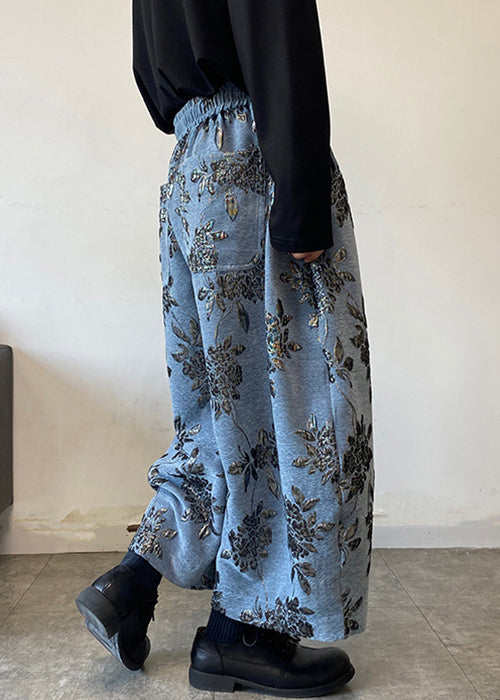 Blue Embroideried Wide Leg Pants Elastic Waist Spring Rm027