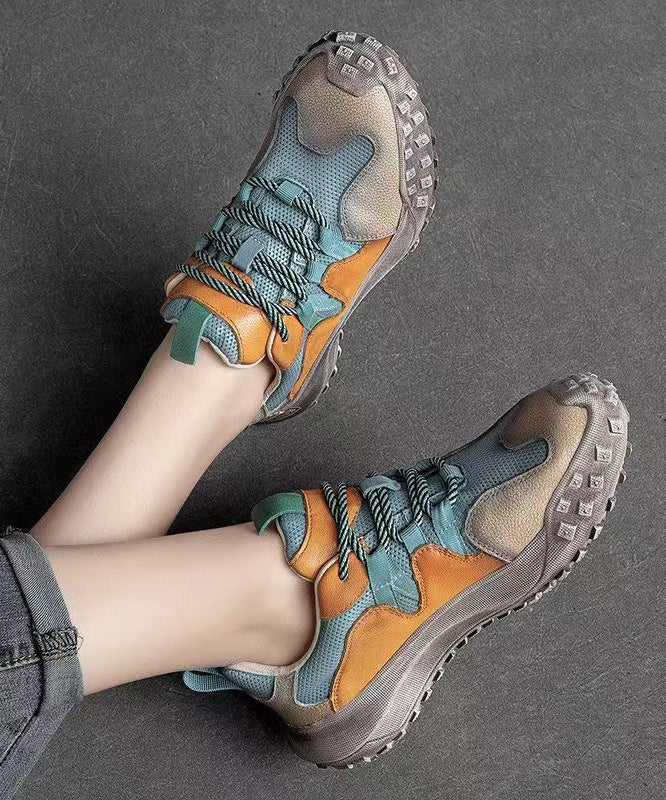 Platform Up Shoes Leather Flat Splicing Blue Lace Cowhide