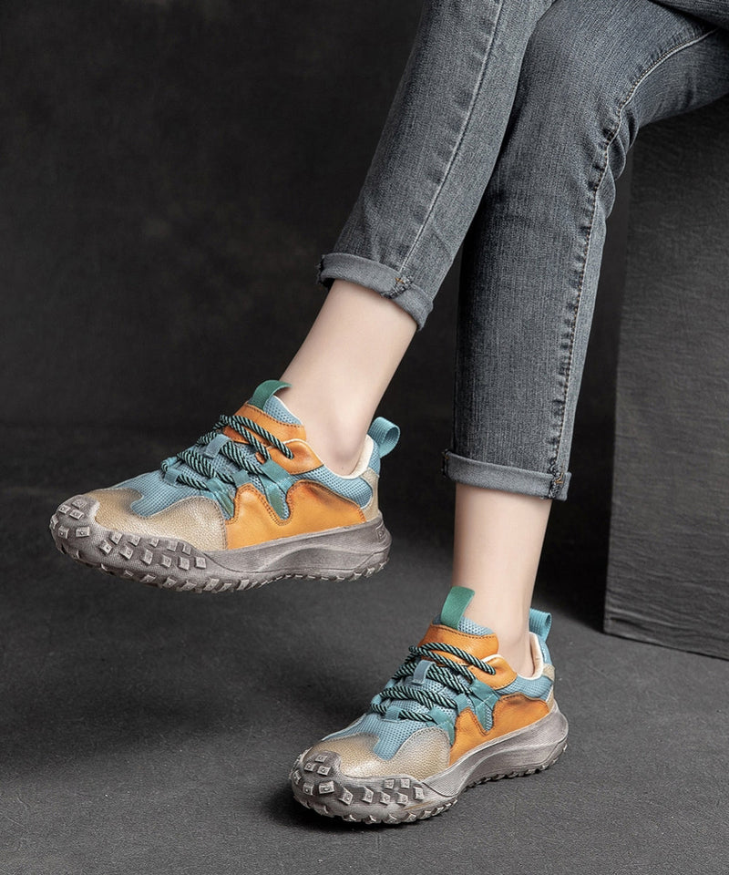 Platform Up Shoes Leather Flat Splicing Blue Lace Cowhide