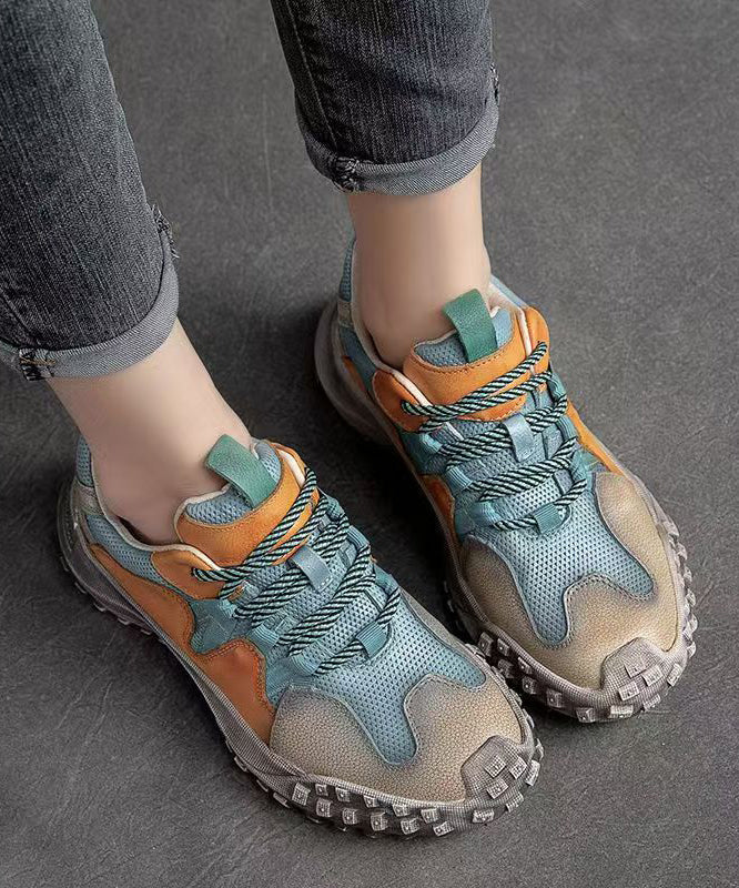 Platform Up Shoes Leather Flat Splicing Blue Lace Cowhide
