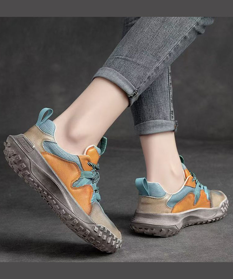 Platform Up Shoes Leather Flat Splicing Blue Lace Cowhide