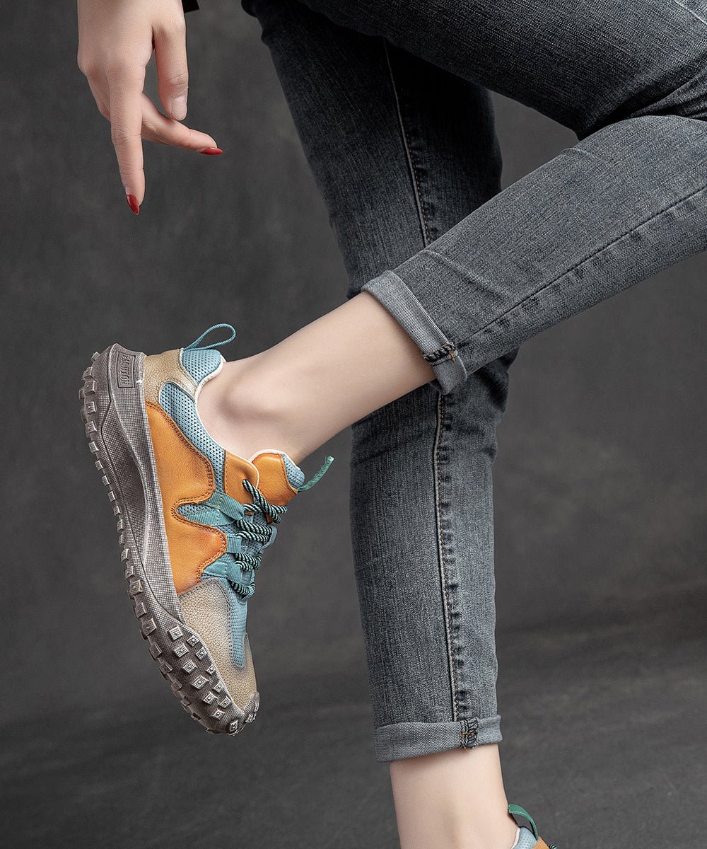 Platform Up Shoes Leather Flat Splicing Blue Lace Cowhide