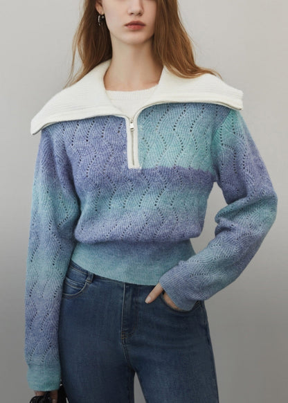 Blue Gradient Color Hollow Out Wool Knit Sweater Zip Up Winter Wk024