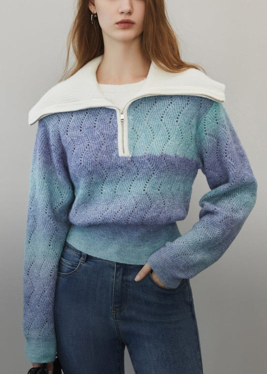 Blue Gradient Color Hollow Out Wool Knit Sweater Zip Up Winter Wk024