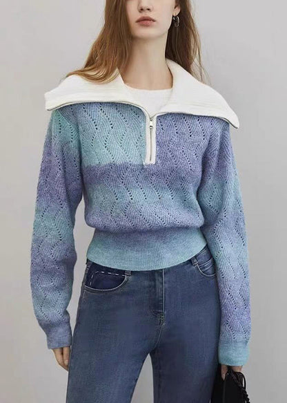Blue Gradient Color Hollow Out Wool Knit Sweater Zip Up Winter Wk024
