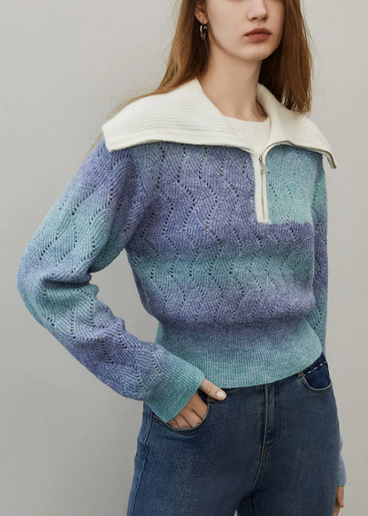 Blue Gradient Color Hollow Out Wool Knit Sweater Zip Up Winter Wk024