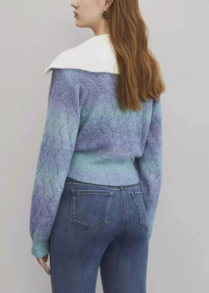 Blue Gradient Color Hollow Out Wool Knit Sweater Zip Up Winter Wk024
