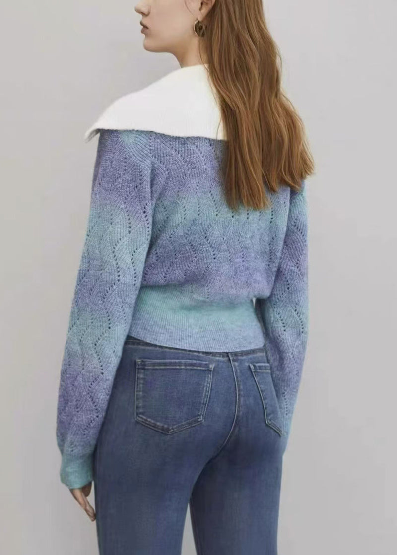 Blue Gradient Color Hollow Out Wool Knit Sweater Zip Up Winter Wk024