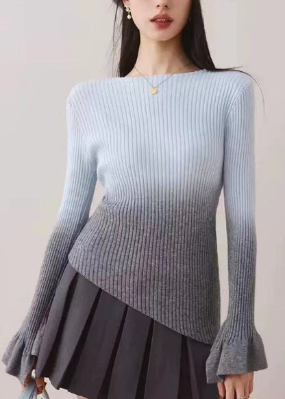 Blue Gradient Knit Sweaters Slash Neck Asymmetrical Fall We005