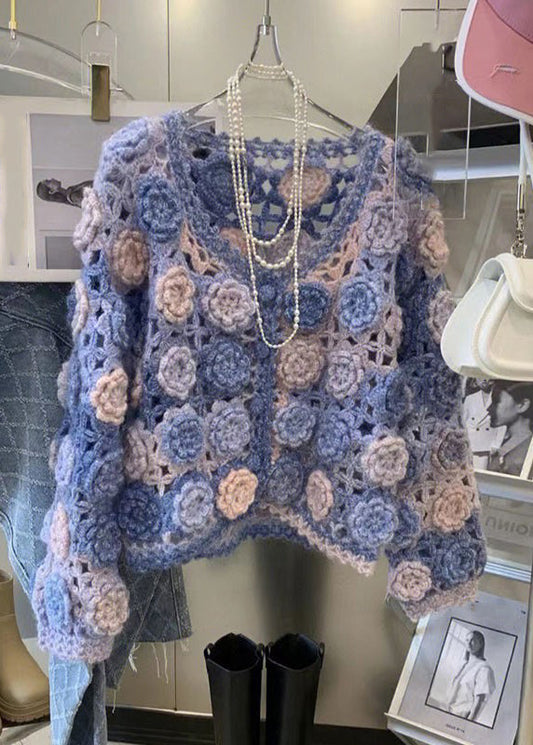 Blue Hollow Out Button Knit Fall Cardigan V Neck Wy029