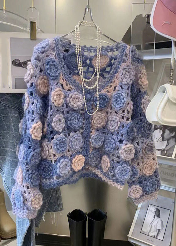Blue Hollow Out Button Knit Fall Cardigan V Neck Wy029