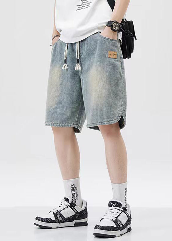Blue Lace Up Elastic Waist Denim Shorts Pockets Summer Yl033