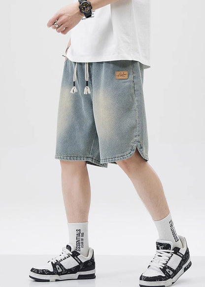 Blue Lace Up Elastic Waist Denim Shorts Pockets Summer Yl033
