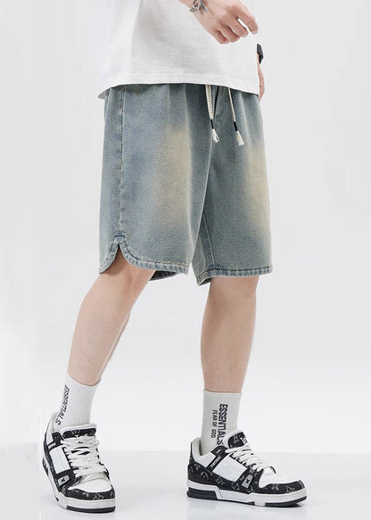 Blue Lace Up Elastic Waist Denim Shorts Pockets Summer Yl033