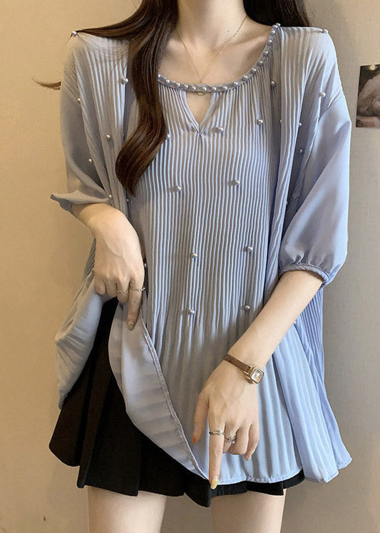 Blue Nail Bead Patchwork Chiffon Blouses O-neck Half Sleeve Re036