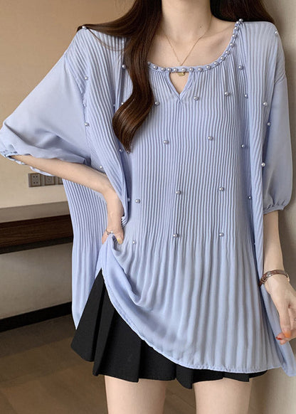 Blue Nail Bead Patchwork Chiffon Blouses O-neck Half Sleeve Re036