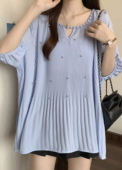 Blue Nail Bead Patchwork Chiffon Blouses O-neck Half Sleeve Re036