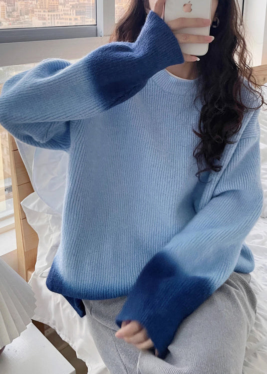 Blue O-neck Cozy Cotton Knit Sweaters Batwing Sleeve Rk018