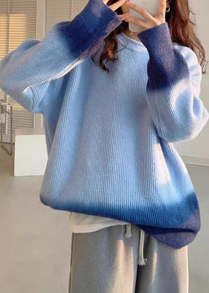 Blue O-neck Cozy Cotton Knit Sweaters Batwing Sleeve Rk018