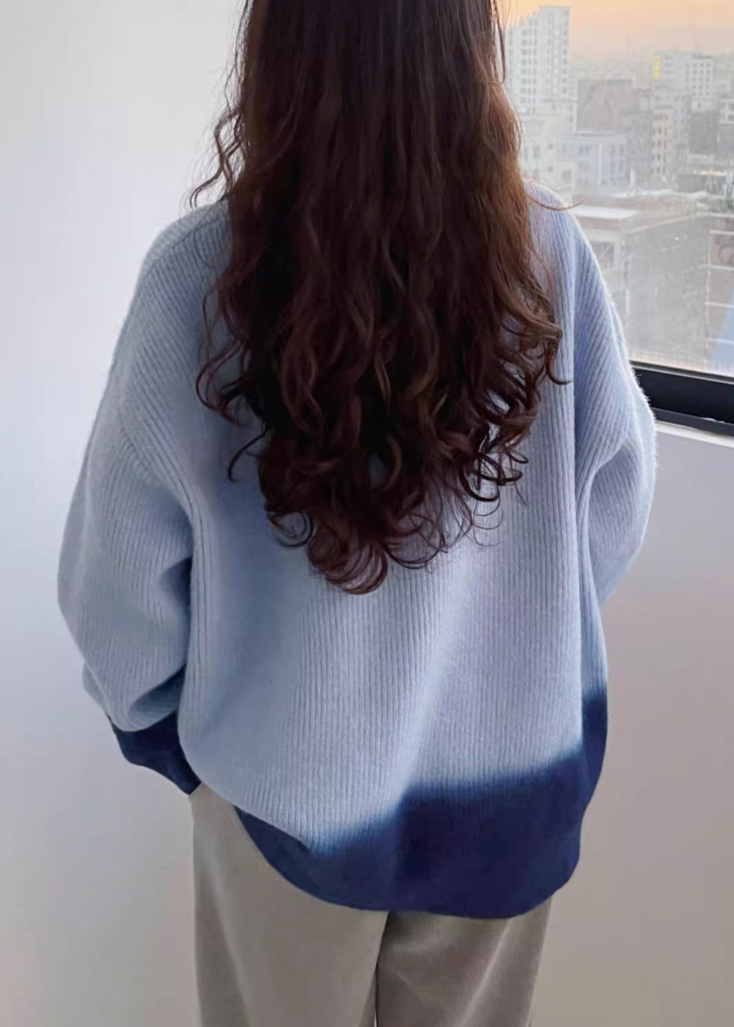 Blue O-neck Cozy Cotton Knit Sweaters Batwing Sleeve Rk018