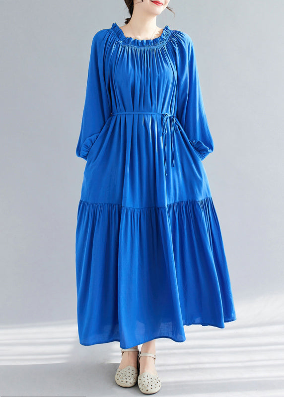 Blue O-neck Ruffled Patchwork Chiffon Maxi Dress Spring Gh1081