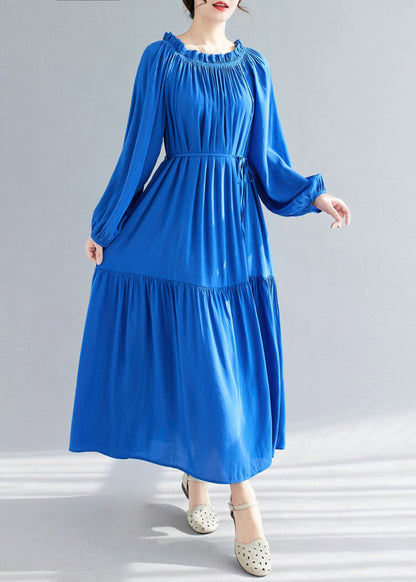 Blue O-neck Ruffled Patchwork Chiffon Maxi Dress Spring Gh1081