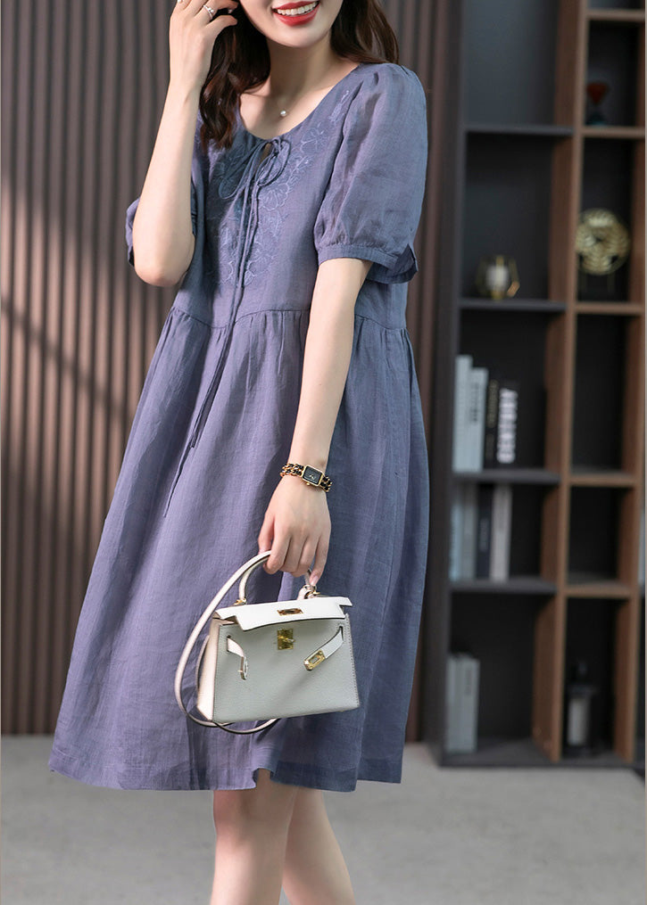 Blue Patchwork Neck Tie Linen Maxi Dresses Short Sleeve Ly1754