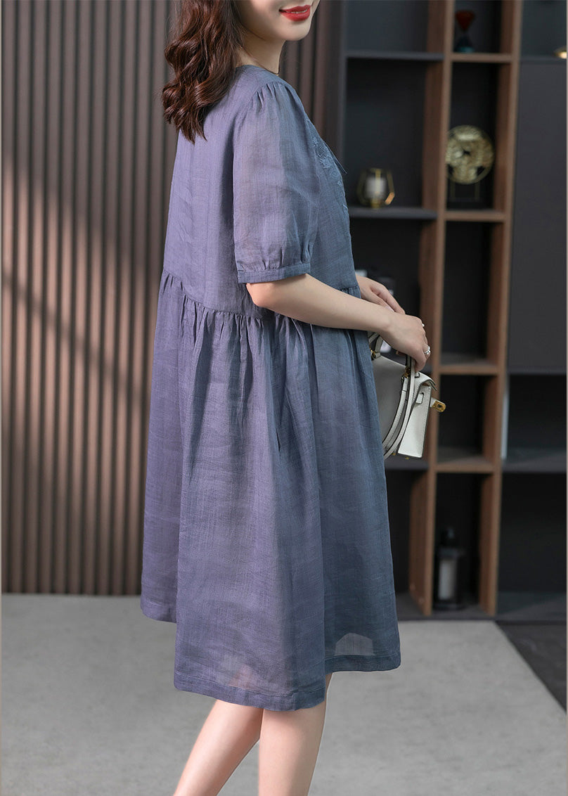 Blue Patchwork Neck Tie Linen Maxi Dresses Short Sleeve Ly1754